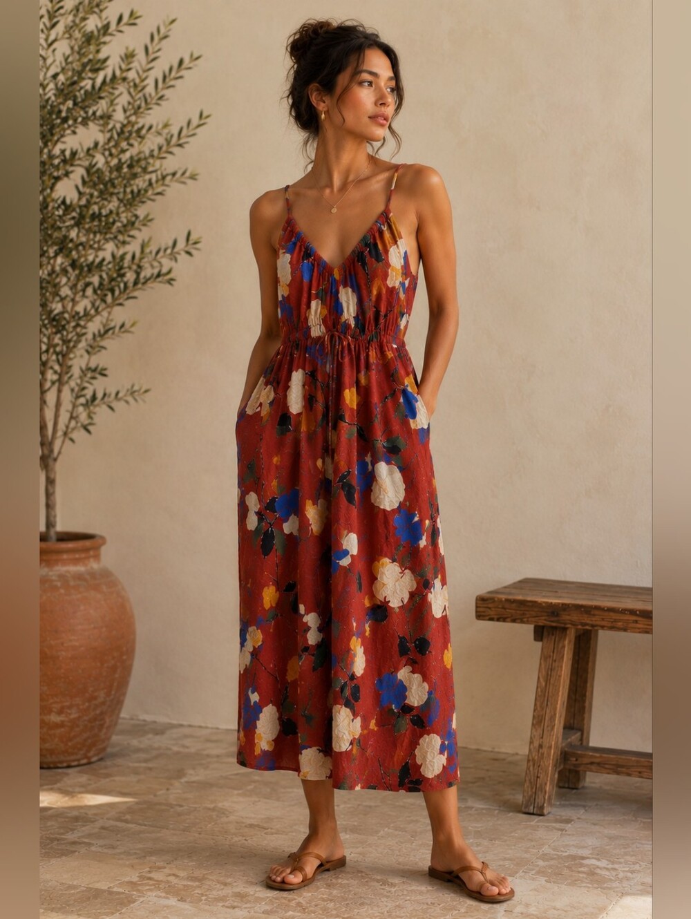 Rust Floral Midi Dress with Spaghetti Straps